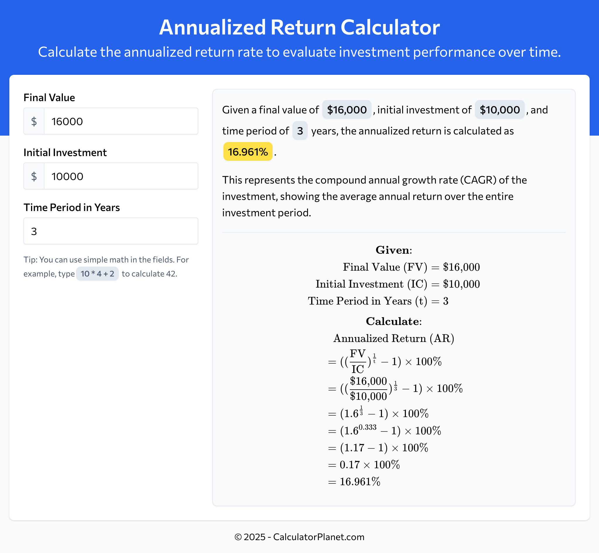 Annualized Return Calculator by CalculatorPlanet.com