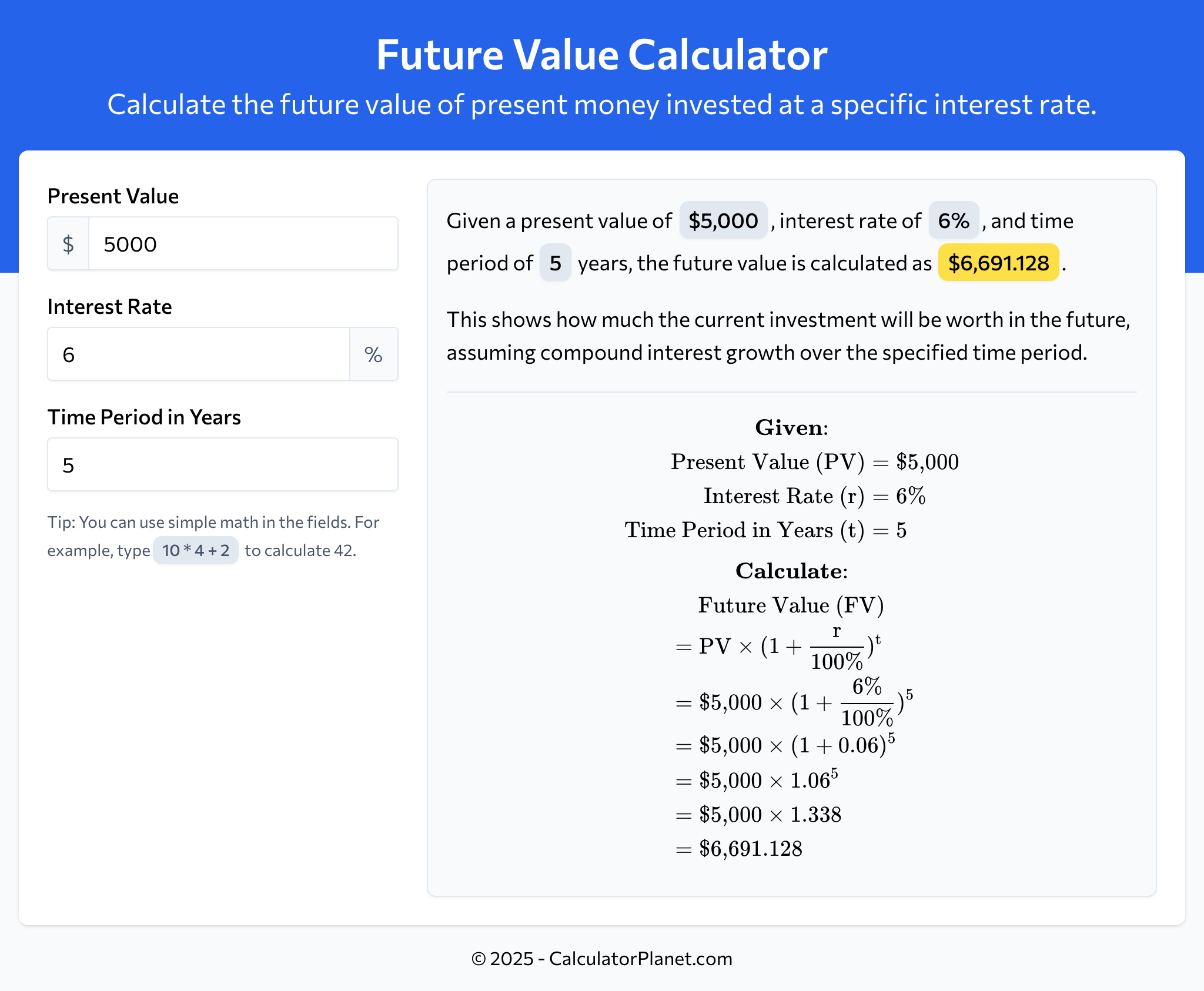 Future Value Calculator by CalculatorPlanet.com