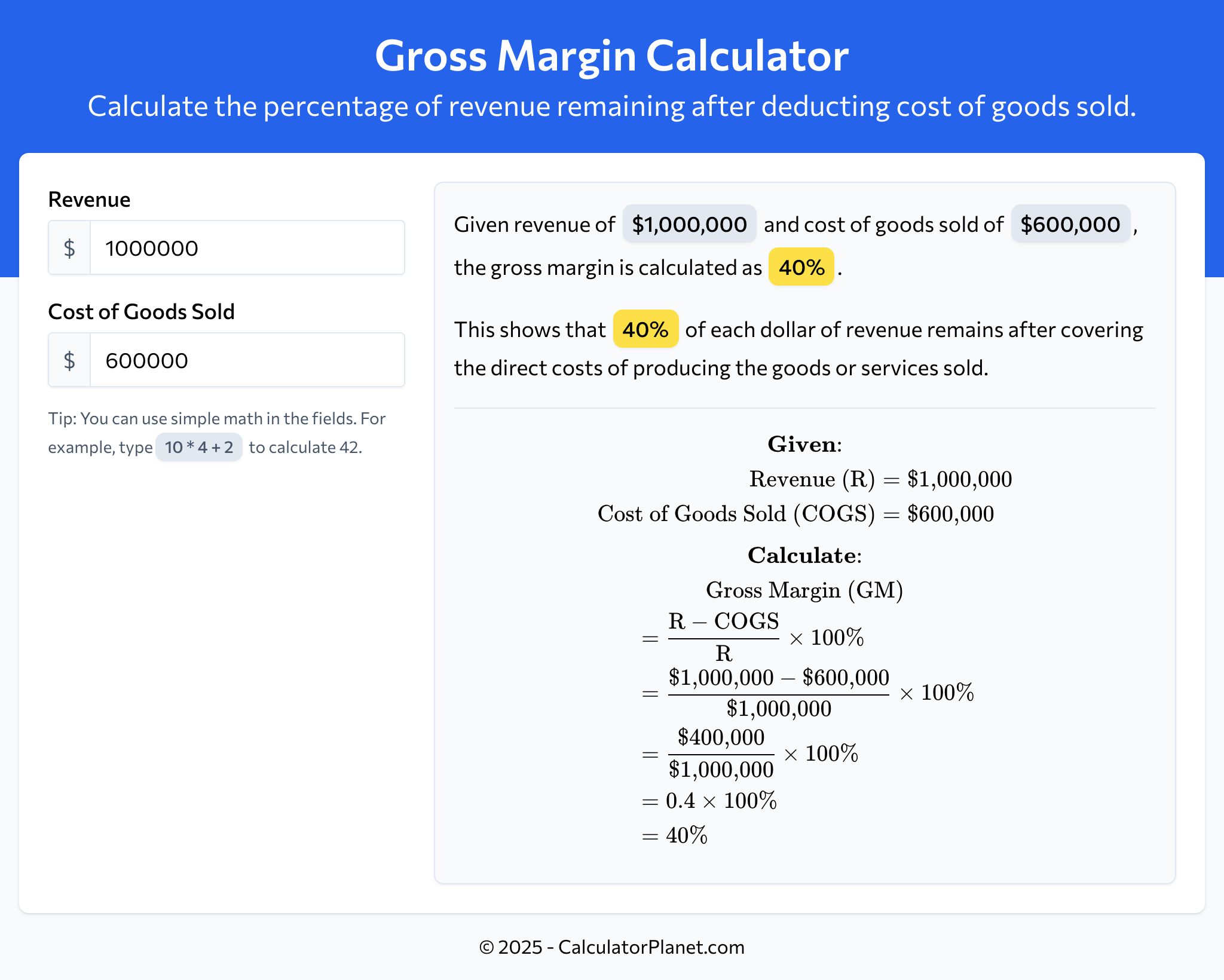 Gross Margin Calculator by CalculatorPlanet.com