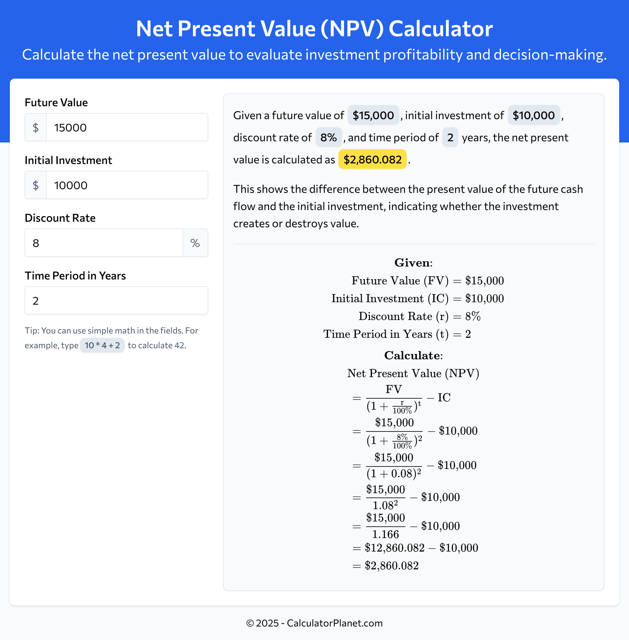 Net Present Value (NPV) Calculator by CalculatorPlanet.com