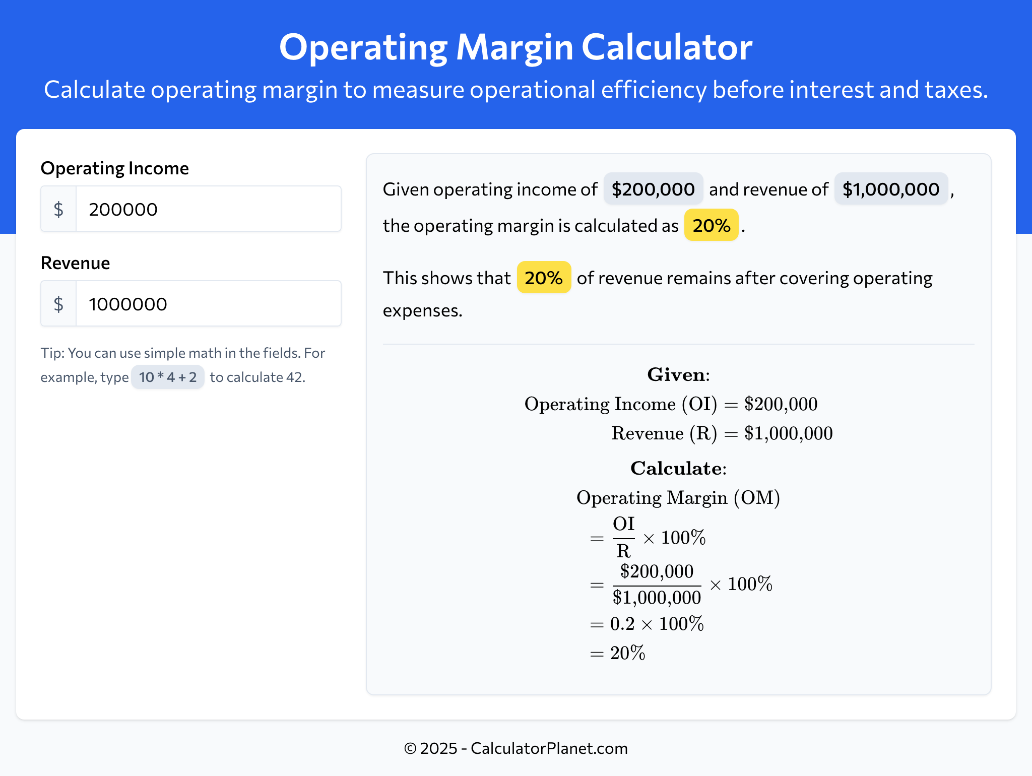 Operating Margin Calculator by CalculatorPlanet.com