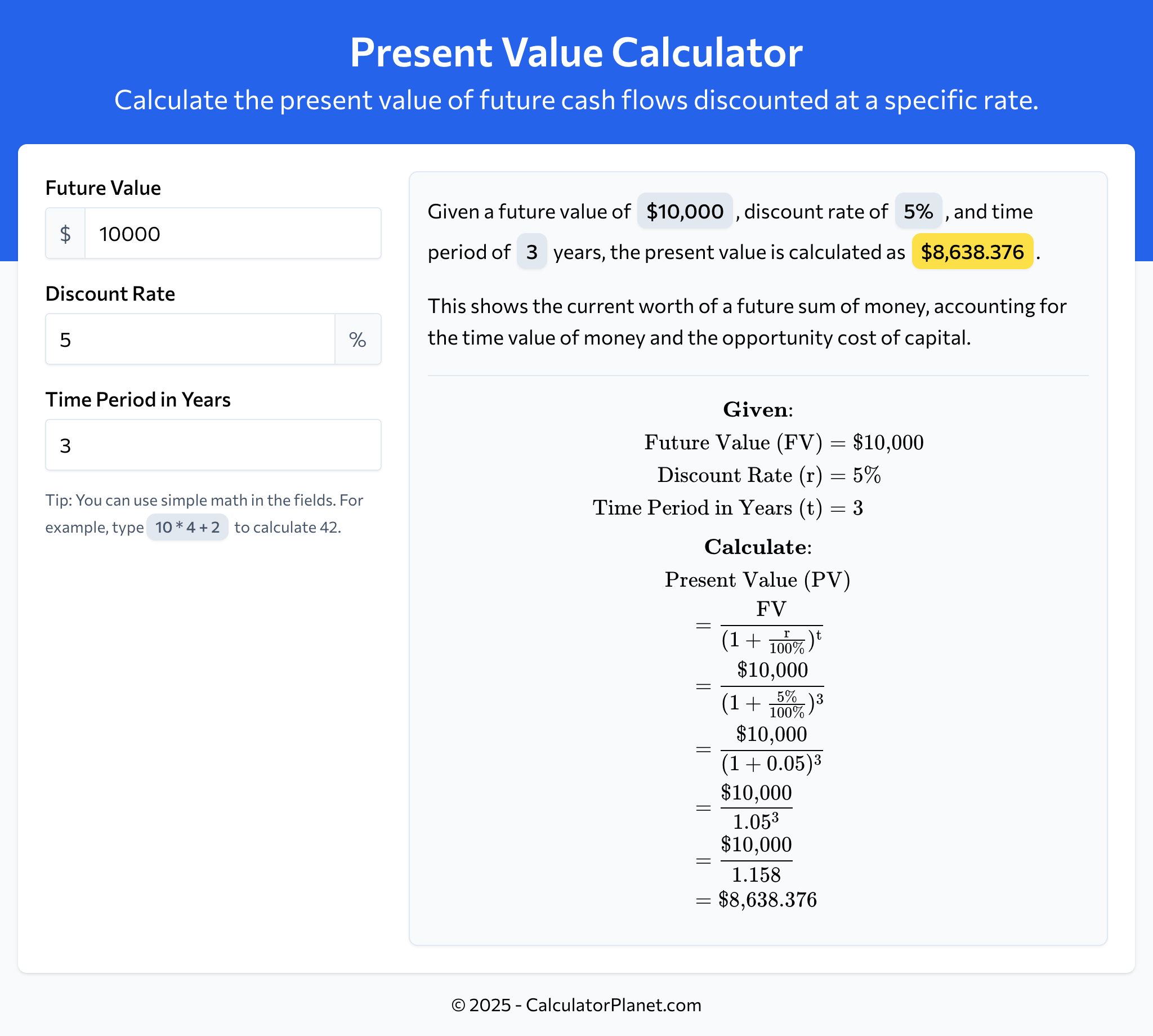 Present Value Calculator by CalculatorPlanet.com